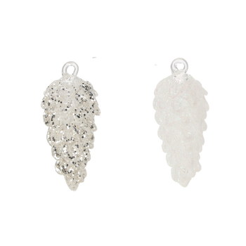 SKLENĚNÁ OZDOBA - BÍLÝ ŠIŠKA MIX VZORŮ 3,1 x 7,7 CM balení=6ks *4853