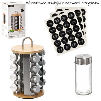 PRZYPRAWNIK OKRĄGŁY 18 x 33 CM Z RĄCZKĄ 16 SŁOICZKÓW BAMBUSOWO-SREBRNY *9172