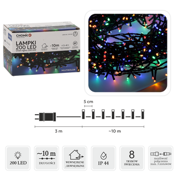 LED SVĚTLA 200L MULTIKOLOR DÉLKA 3 + 10 M VNITŘNÍ/VENKOVNÍ *9461