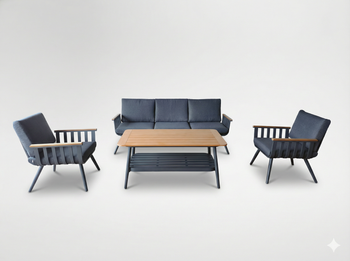 SADA HLINÍKOVÝCH NÁBYTKŮ (3 OS. ROVNÁ SOFA + 2 KŘESLA + STOLEK) ŠEDÁ + ŠEDÉ POLŠTÁŘE *9415