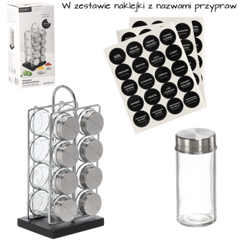 PRZYPRAWNIK PROSTOKĄTNY 12 x 10 x 26,5 CM Z RĄCZKĄ 8 SŁOICZKÓW SREBRNO-CZARNY *9189