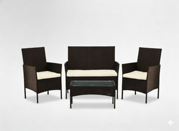 ZESTAW MEBLI RATTANOWYCH (SOFA, 2 FOTELE, ŁAWA) BRĄZ + KREM. POD.