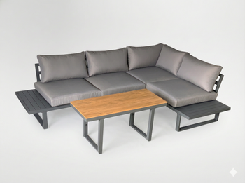 ZESTAW MEBLI ALUMINIOWYCH "BOGOTA" (SOFA NAROŻNA + STOLIK) SZARY + SZARE PODUSZKI 
