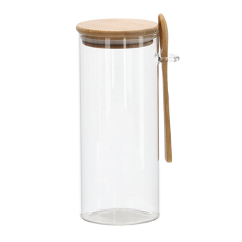 SKLENĚNÁ NÁDOBKA 1L S DŘEVĚNÝM VÍKEM A LŽÍCÍ *0833