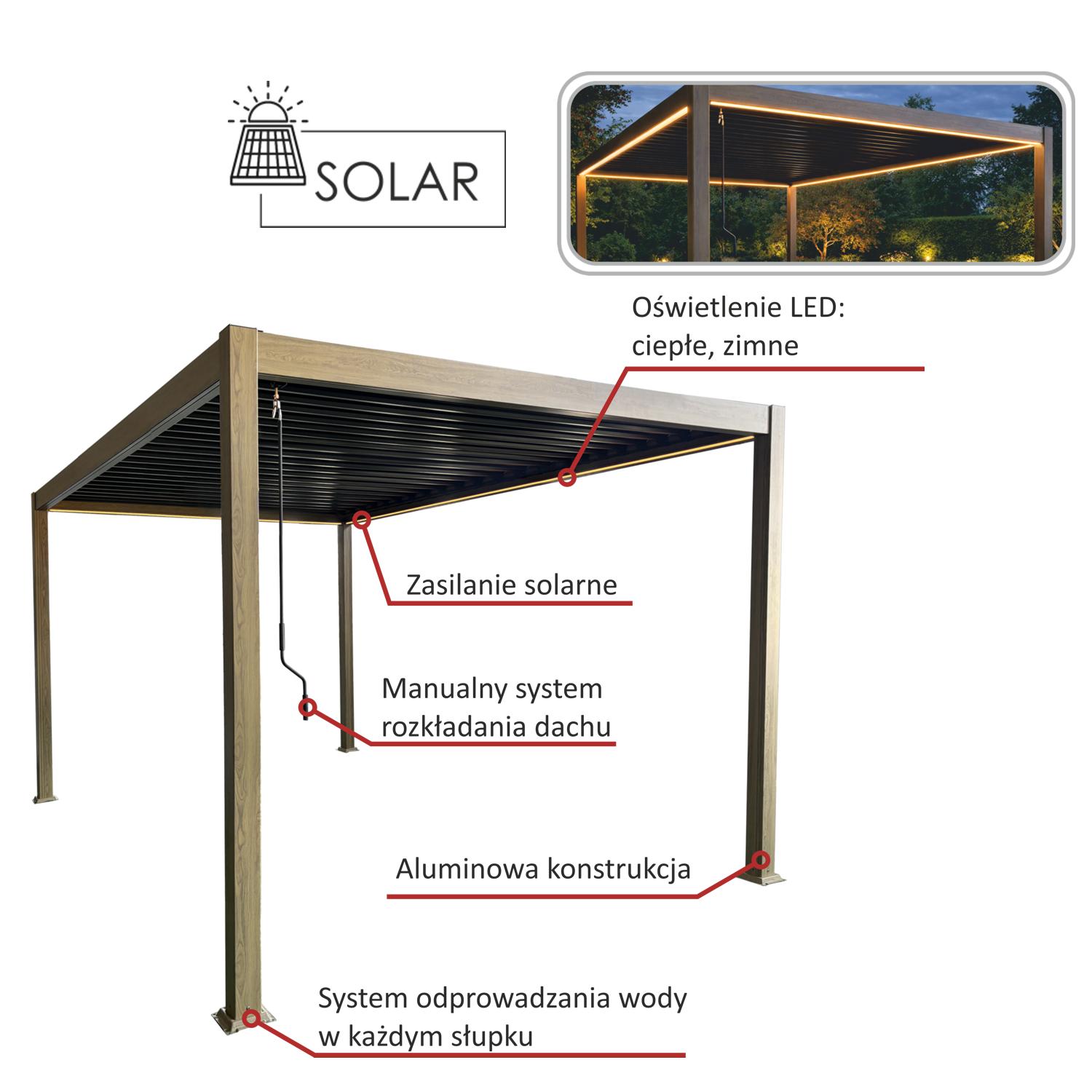 PERGOLA ALUMINIOWA BIOKLIMATYCZNA LED 3 x 4 x 2,5 M DREWNOPODOBNA RIT1439