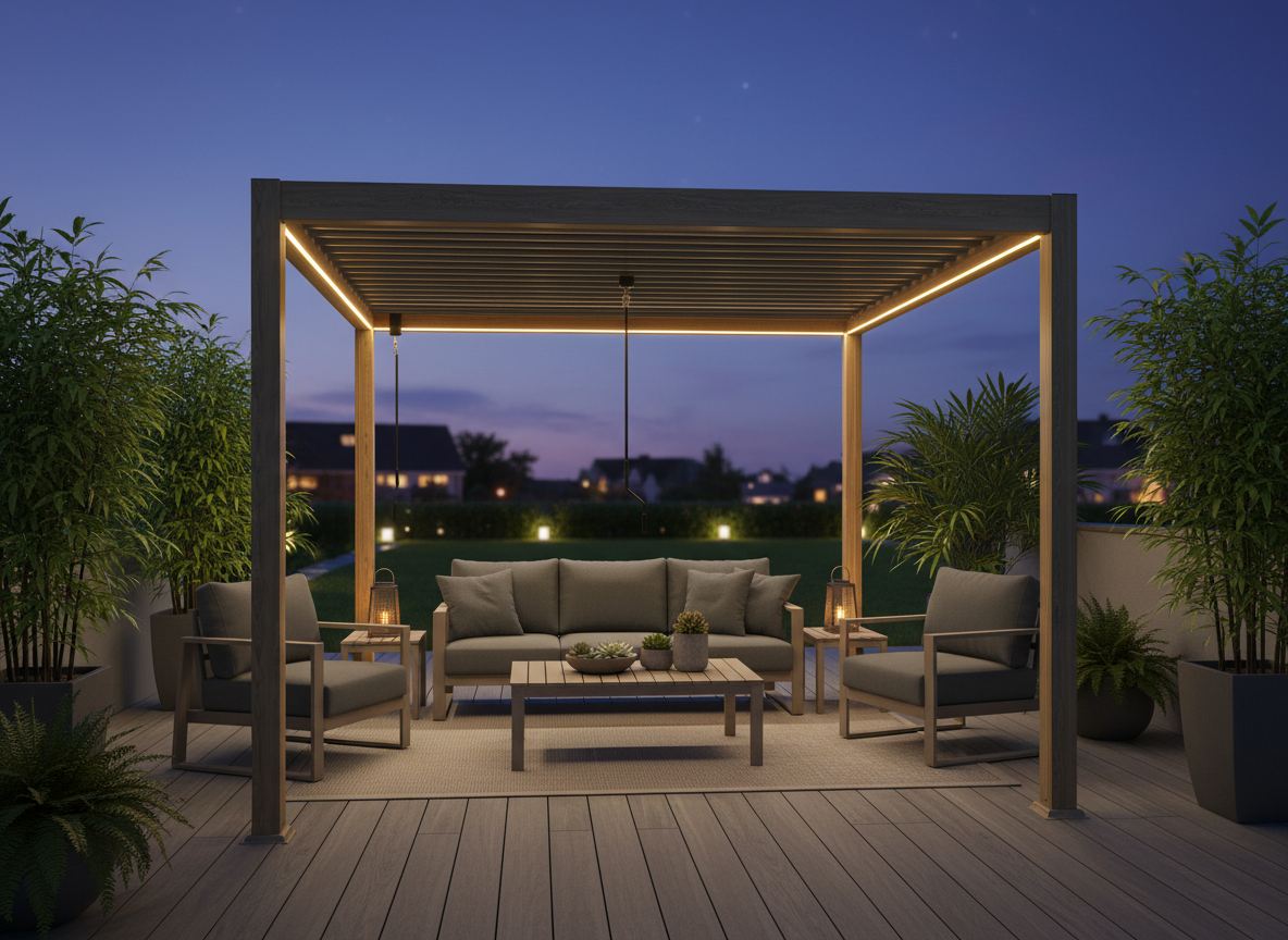 PERGOLA ALUMINIOWA BIOKLIMATYCZNA LED 3 x 3 x 2,5 M DREWNOPODOBNA freepik__stwrz-aranacje-z-pergol-img1-na-tarasie-wieczorem-__40173