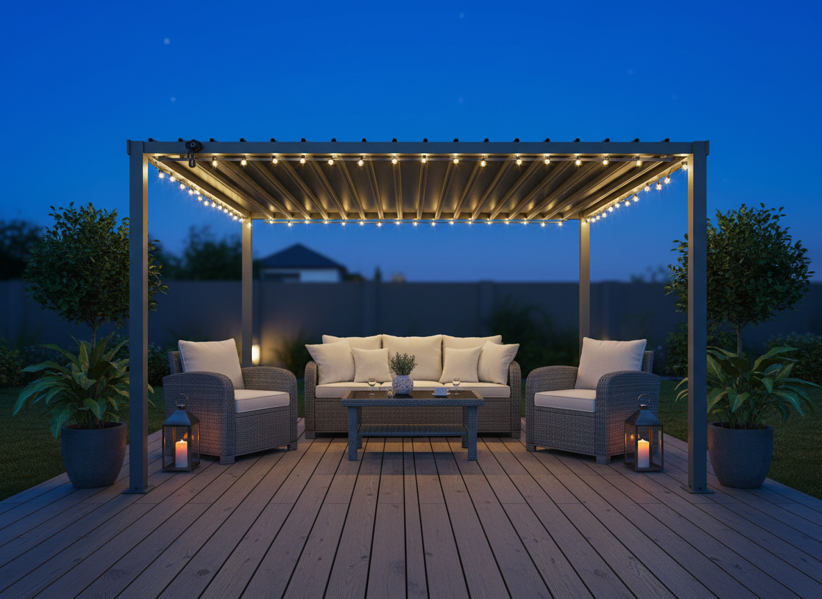 PERGOLA OGRODOWA ZE STALOWYM DACHEM 3 x 3 x 2,2 M SZARA freepik__stwrz-aranacje-z-pergol-img1-na-tarasie-wieczorem-__40174