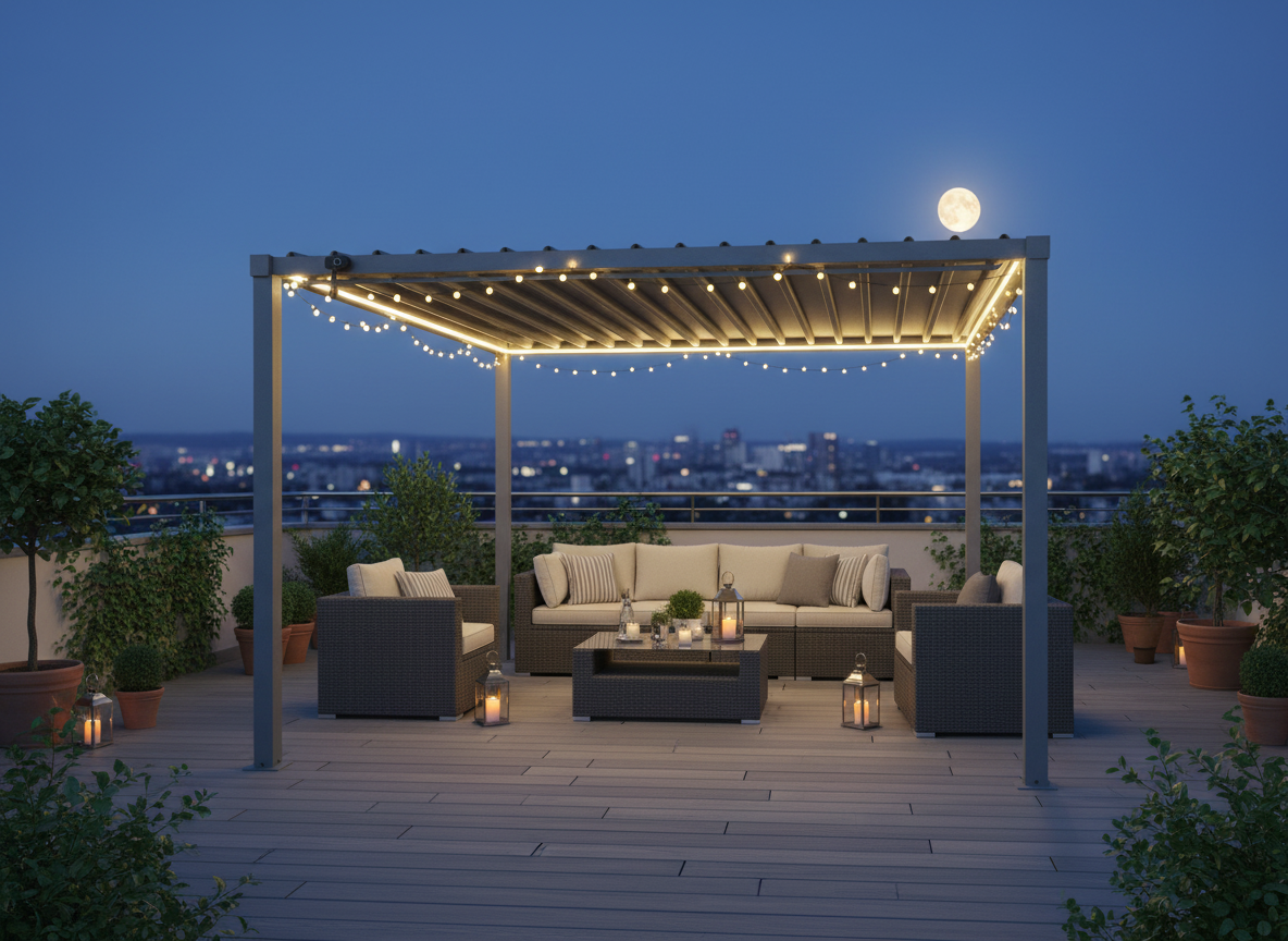 PERGOLA OGRODOWA ZE STALOWYM DACHEM 3 x 3 x 2,2 M SZARA freepik__stwrz-aranacje-z-pergol-img1-na-tarasie-wieczorem-__40176