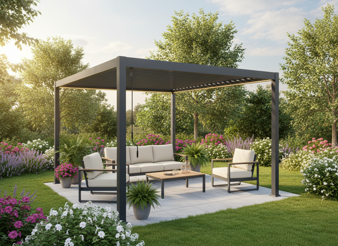 PERGOLA ALUMINIOWA BIOKLIMATYCZNA LED 3 x 3 x 2,5 M ANTRACYT freepik__stwrz-aranacje-z-pergol-img1-w-ogrodzie-w-rodku-ni__40159