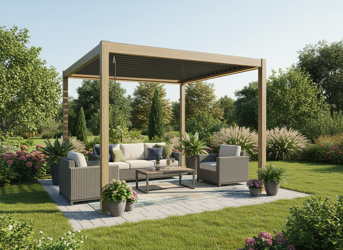 PERGOLA ALUMINIOWA BIOKLIMATYCZNA LED 3 x 3 x 2,5 M DREWNOPODOBNA freepik__stwrz-aranacje-z-pergol-img1-w-ogrodzie-w-rodku-ni__40163