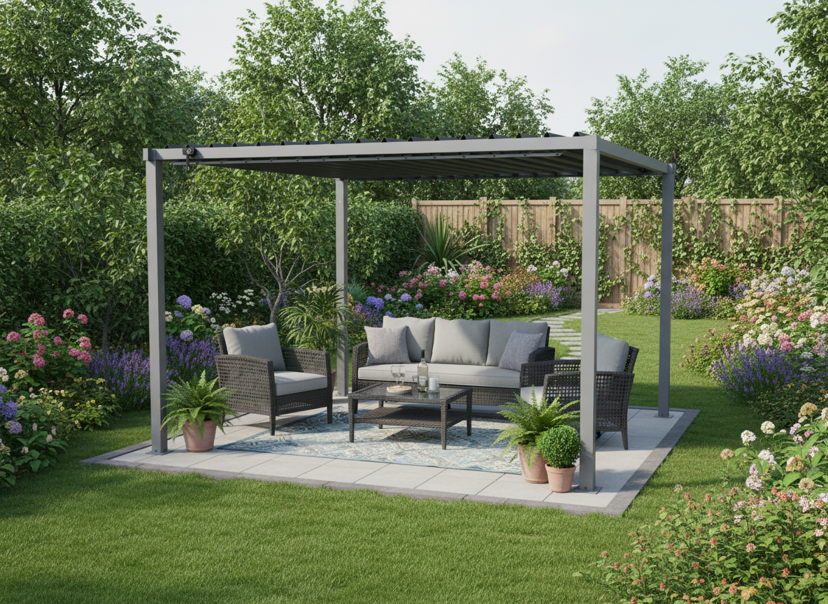 PERGOLA OGRODOWA ZE STALOWYM DACHEM 3 x 3 x 2,2 M SZARA freepik__stwrz-aranacje-z-pergol-img1-w-ogrodzie-w-rodku-ni__40179