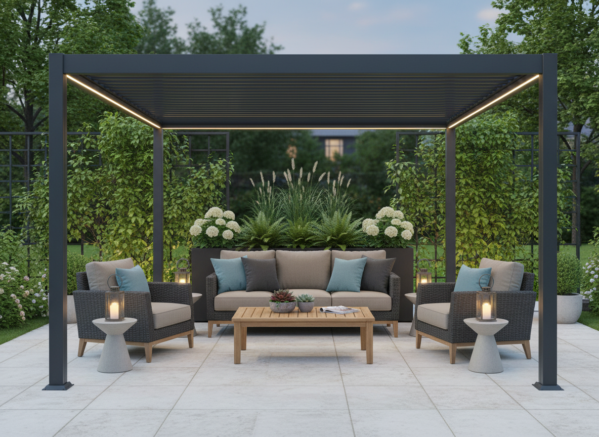 PERGOLA ALUMINIOWA BIOKLIMATYCZNA LED 3 x 3 x 2,5 M ANTRACYT freepik__stwrz-aranacje-z-pergol-img1-w-rodku-niech-bd-mebl__40152