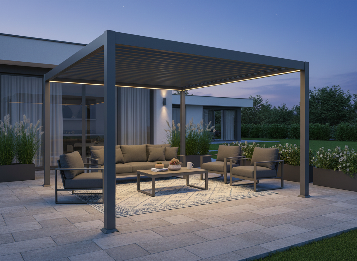 PERGOLA ALUMINIOWA BIOKLIMATYCZNA LED 3 x 3 x 2,5 M ANTRACYT freepik__stwrz-aranacje-z-pergol-img1-w-rodku-niech-bd-mebl__40155