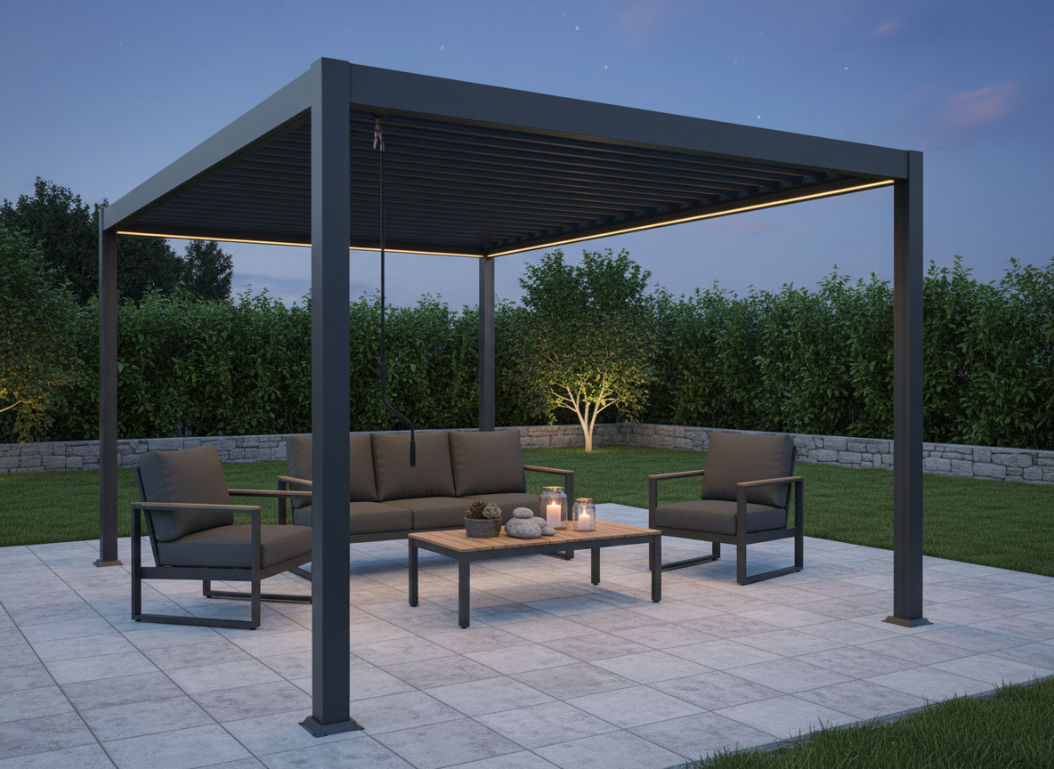 PERGOLA ALUMINIOWA BIOKLIMATYCZNA LED 3 x 3 x 2,5 M ANTRACYT freepik__stwrz-aranacje-z-pergol-img1-w-rodku-niech-bd-mebl__40156