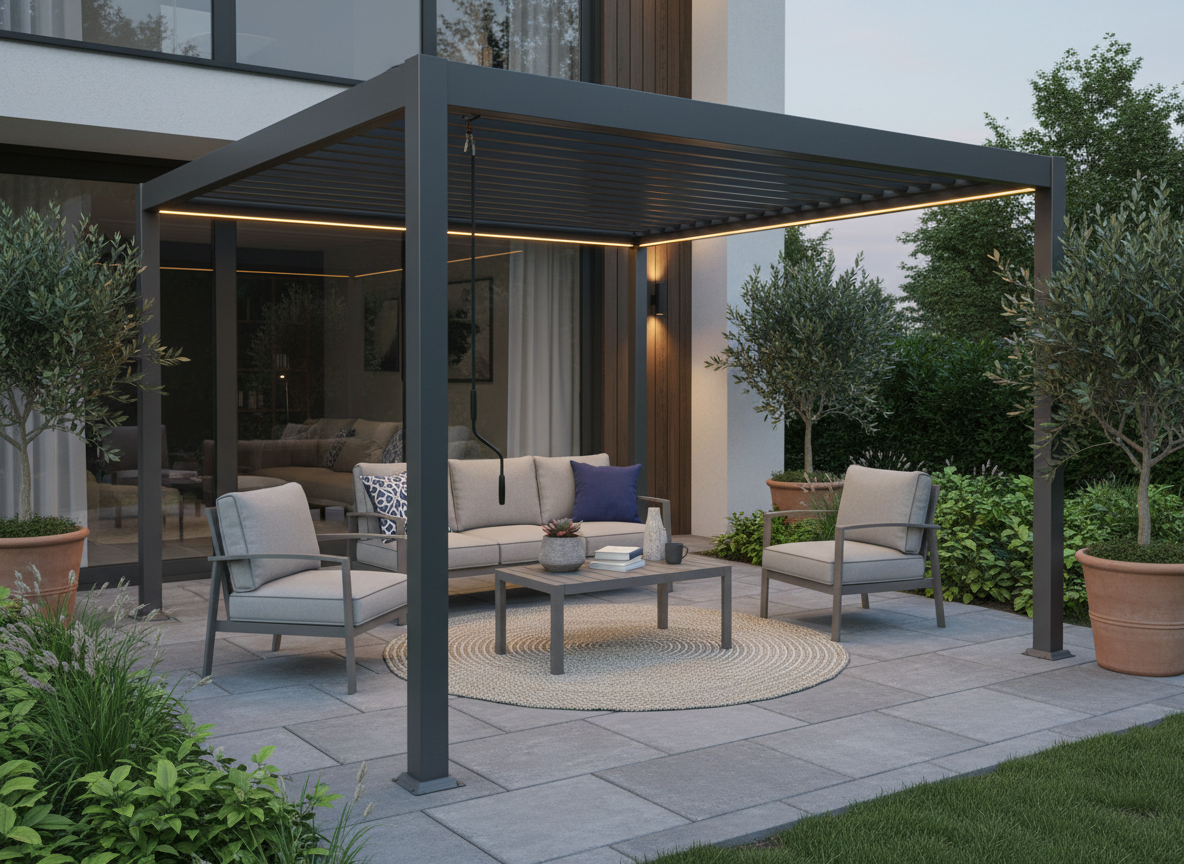 PERGOLA ALUMINIOWA BIOKLIMATYCZNA LED 3 x 4 x 2,5 M ANTRACYT freepik__stwrz-aranacje-z-pergol-img1-w-rodku-niech-bd-mebl__40157