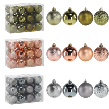 SET OF 24 BAUBLES 6 CM OLIVE/COPPER/GRAPHITE MIX DESIGNS