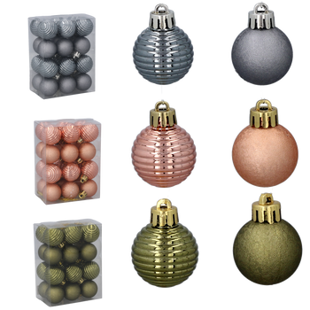 SET OF 24 BAUBLES 3 CM OLIVE/COPPER/GRAPHITE MIX DESIGNS