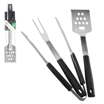 SET OF 3 GRILL ACCESSORIES WITH WOODEN HANDLE SPATULA/TONGS/FORK
