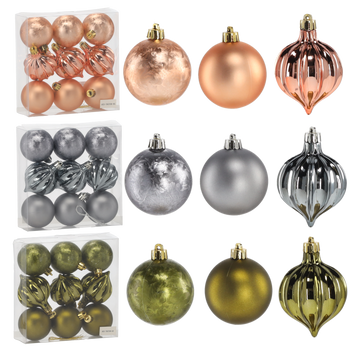 SET OF 9 BAUBLES 6 CM OLIVE/COPPER/GRAPHITE MIX DESIGNS