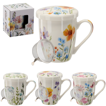 PORCELAIN MUG WITH INFUSER AND LID 340 ML MIX OF FLOWER PATTERNS 
