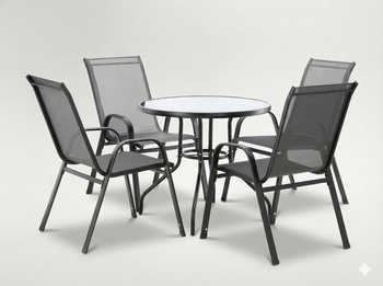 GARDEN FURNITURE SET - 4 CHAIRS + ROUND TABLE - GREY *3514