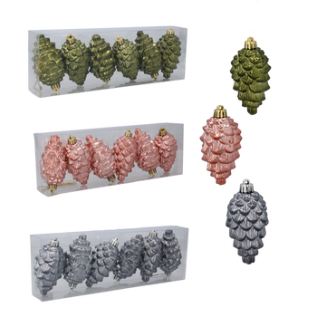 SET OF 6 CHRISTMAS ORNAMENTS CONE 9 CM OLIVE/COPPER/GRAPHITE