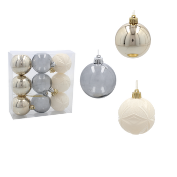 SET OF 9 BAUBLES 6 CM CHAMPAGNE/GRAY/WHITE