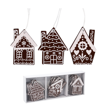 SET OF 18 WOODEN CHRISTMAS DECORATIONS DARK BROWN ASSORTED 3 DESIGNS HOUSES