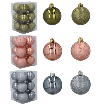 SET OF 12 BAUBLES 6 CM OLIVE/COPPER/GRAPHITE
