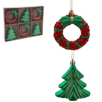 SET OF 6 CHRISTMAS TREE ORNAMENTS - WREATH / CHRISTMAS TREE 8CM pack=6sets
