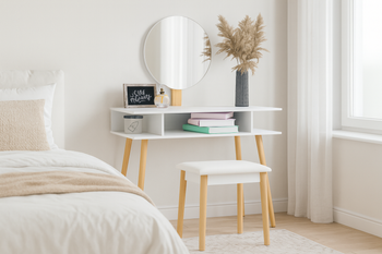 TOALETKA DO WIZAŻU BIAŁA RETRO Z OKRĄGŁYM LUSTREM + TABORET *5803