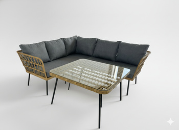 ZESTAW MEBLI OGRODOWYCH (SOFA NAROŻNA, STOLIK) - BRĄZOWY, PODUSZKI - SZARY