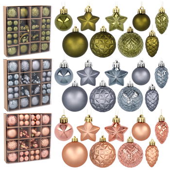 SET OF 60 CHRISTMAS ORNAMENTS OLIVE/COPPER/GRAPHITE MIX DESIGNS