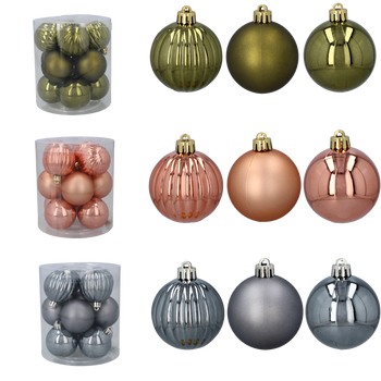 SET OF 12 BAUBLES 5 CM OLIVE/COPPER/GRAPHITE MIX DESIGNS