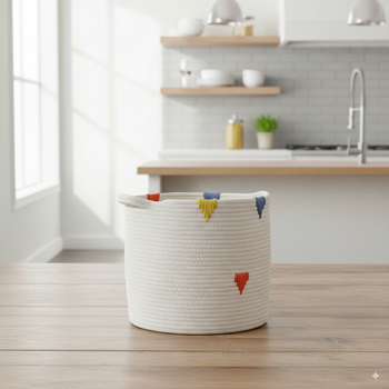 ROUND BASKET WHITE WITH COLORFUL PATTERN SIZE M