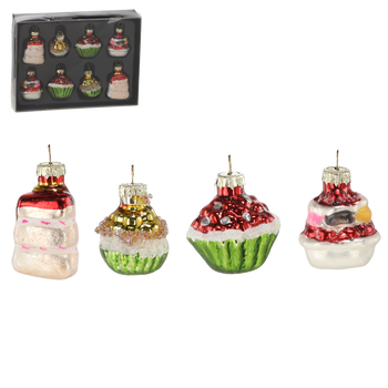 SET OF 8 GLASS CHRISTMAS TREE DECORATIONS - CUPCAKES