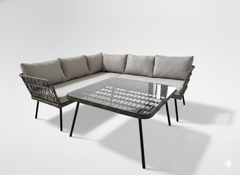 ZESTAW MEBLI OGRODOWYCH (SOFA NAROŻNA, STOLIK) - SZARY, PODUSZKI - SZARY