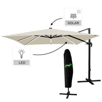 PARASOL OGRODOWY 3 x 3 M BEŻOWY "ROMA" Z POKROWCEM Z LED 
