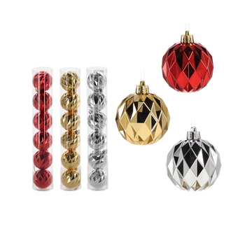 SET OF 6 SHINY BAUBLES 6 CM RED/GOLD/SILVER