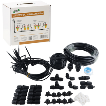 IRRIGATION SYSTEM KIT INCLUDING: 1x TAP ADAPTOR, 1x PCV IRRIGATION HOSE 9*12MM/15M , 1x PCV IRRIGATION 4X7MM/10M, 3xDRIP 9X12MM, 2x STRAIGHT CONNECTOR, 1x TEFFLON TAPLE, 1x QUICK CONNECTOR, 10x REDUCER TEE 9X12MM-4X7MM, 10x DRIP ARROW, 10x DRIP, 20x CLIP