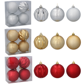 SET OF 4 BAUBLES 8 CM RED/GOLD/SILVER