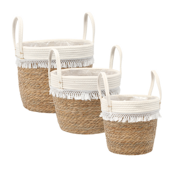 SET OF 3 SEAGRASS WOVEN BASKETS WITH FRINGES