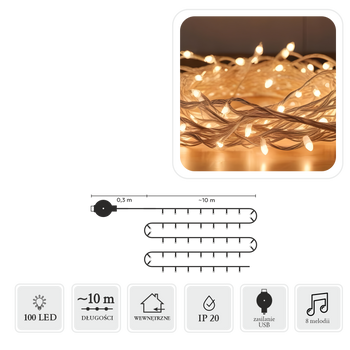 LAMPKI LED Z MELODIĄ USB 100L MULTIKOLOR, DŁ. 0,3 + 10 M *8516