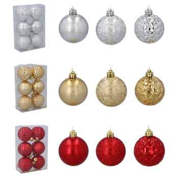 SET OF 6 BAUBLES 6 CM RED/GOLD/SILVER