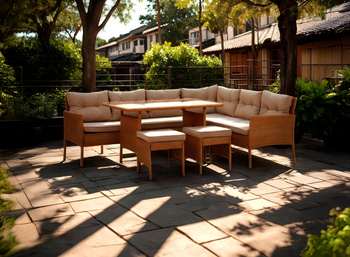 RATTAN FURNITURE "BERNO" SET (CORNER SOFA + 2 STOOLS + TABLE) BEIGE + GREY CUSHIONS