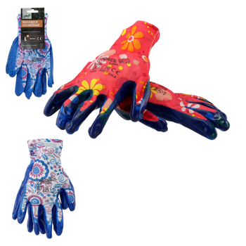 GARDEN GLOVES "9" PATTERN, POLYESTER WITH NITRILE PACKET=12