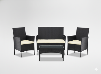 ZESTAW MEBLI RATTANOWYCH (SOFA, 2 FOTELE, ŁAWA) CZARNY + KREM. POD.