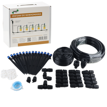 IRRIGATION SYSTEM KIT INCLUDING: 1x TAP ADAPTOR,1x PCV IRRIGATION HOSE 9*12MM -10M,1x PCV IRRIGATION HOSE 3X5MM/10M, 2x DRIP 2x TEE 9*12MM, 2x CONNECTOR, 3x END DRIP, 20x CLIPS, 2x QUICK CONNECTOR, 1X PCV IRRIGATION HOSE 4*7MM, 10x REDUCER TEE 9X12MM – 4