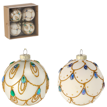 SET OF 4 GLASS ORNAMENTS - SILVER / WHITE 8 CM WITH BLUE DROPS