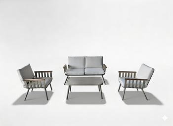 ZESTAW MEBLI ALUMINIOWYCH (SOFA + 2 FOTELE + STOLIK) BEŻOWY + BEŻOWE PODUSZKI 